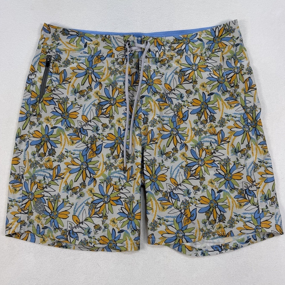 Stio Board Shorts Men Size 36 Blue Floral Print CFS Drawstring Pockets Quick Dry
